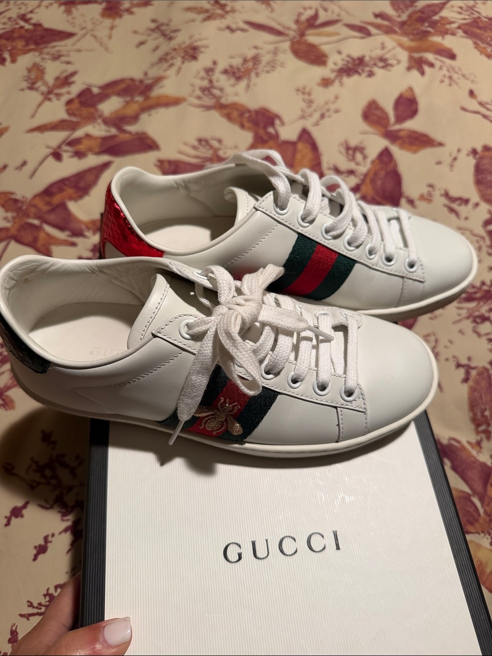 Gucci White Leather Sneakers with Red & Green Web and Gold Bee Embroidery